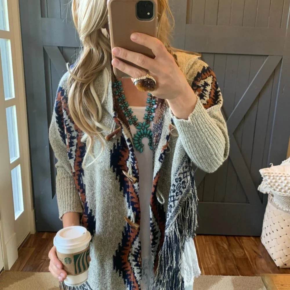 New Native Print Cowichan Blanket Cardigan Sweater - Picture 4 of 9